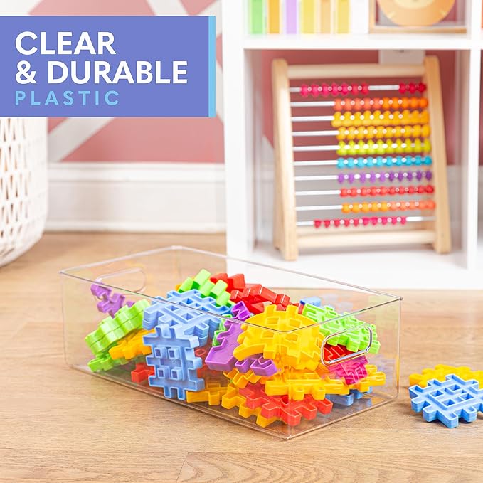 Plastic Food Storage 6 Pack Clear Container Bin with Handles for Organizing Kitchen, Pantry, Refrigerator, Freezer, Pantry, Cabinet, Closet, Bathroom. 14”x8”x5”