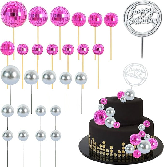 BEISHIDA 27 PCS Hot Pink Disco Ball Cake Toppers - Mini Mirror Ball Cupcake Toppers for Disco Theme Party, 70s 80s Party Decorations, Birthday, Wedding, Anniversary, Baby Shower, and Retro Celebration