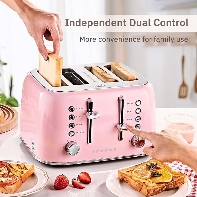 Toaster 4 Slice Retro Stainless Steel with Extra Wide Slots Bagel, Defrost, Reheat Function, Dual Independent Control Panel, Removable Crumb Tray, 6 Browning Levels, Pink