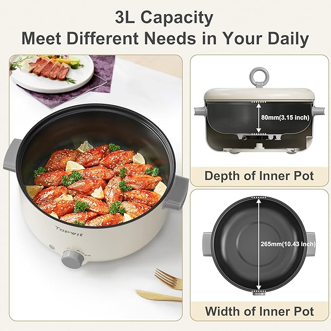 TOPWIT Electric Pot, 3L Hot Pot Electric, Rapid Noodles Cooker, Non-Stick Frying Pan, Multifunctional Electric Hot Pot for Steak, Egg, Ramen, Soup, Shabu Shabu Pot for Camping, RVs, Party, Beige