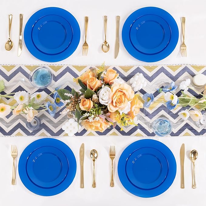 I00000 102 Pcs Blue Plastic Plates, Disposable Party Plates Include 51 Blue Dinner Plate 10’’ and 51 Plastic Dessert Plate 7’’ Perfect for Birthday, Party & Wedding