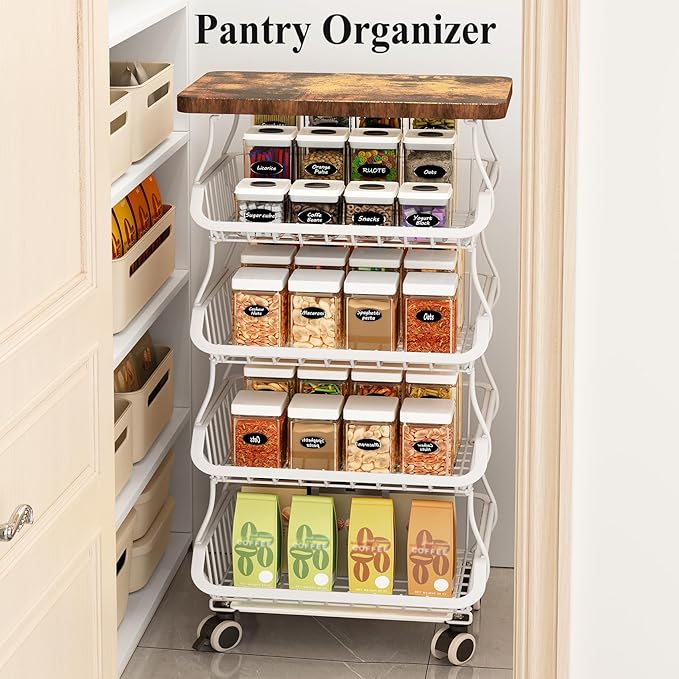 SAYZH Fruit Basket for Kitchen with Wood Top 5 Tier, Stackable Fruit and Vegetable Storage Cart, Wire Storage Basket with Wheels, Vegetable Basket Bins Rack for Onions and Potatoes, White