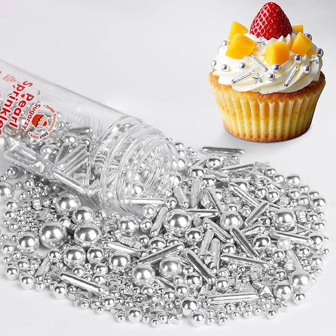 Silver Pearl Sugar Sprinkles,Edible Stars Rods Candy,Mix Size 130g/4.58oz,Baking Cake Decorations,Cupcake Toppers,Cookie Decorating Donuts Ice Cream,Birthday Wedding Party Valentines Christmas Supplies