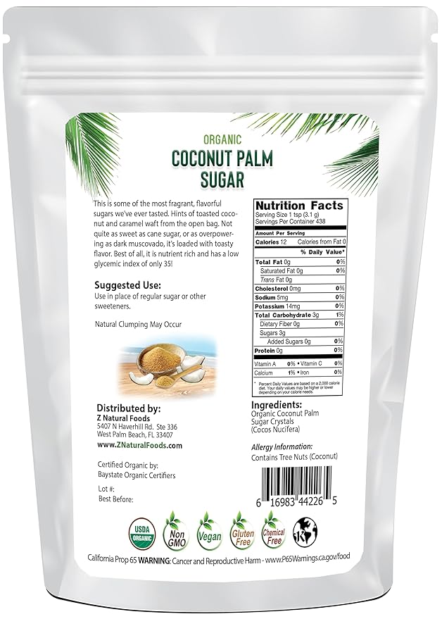 Z Natural Foods Organic Coconut Sugar - Nutrient-Dense, Flavorful & Unrefined Brown Coconut Sugar - Perfect for Tea, Coffee, Oatmeal, Deserts & Baking, Non-GMO, Vegan, Gluten-Free, 3 lbs