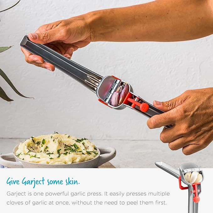 Dreamfarm Garject 2-In-1 Garlic Peeler, Garlic Press & Mincer with Garlic Peel Ejector, Chrome-Plated Zinc - Red