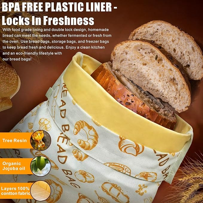 Mosucoirl Beeswax Bread Bags 2 Pack, Reusable Bread Storage Boxes for Homemade Sourdough, Cotton Food Bags Loaf Containers to Keep Fresh Large (Bread Pattern)