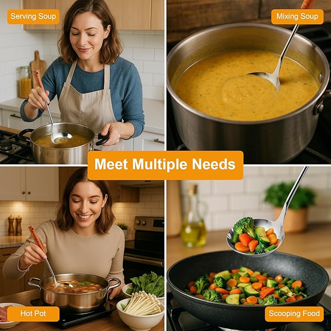 FJNATINH Soup Ladle, Food Grade Stainless Steel Ladle, Cooking Soup Spoon Kitchen Tools with Heat Resistant Wooden Handle, 13.7 Inches