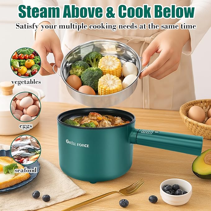 Hot Pot Electric with Steamer,6 Smart Modes, 1.8L Ramen Cooker, Portable Cooker, Non-Stick Frying Pan, Sauté Pan, Electric Pot for Pasta, Egg, Steak, BPA Free, College Dorm Room Essential