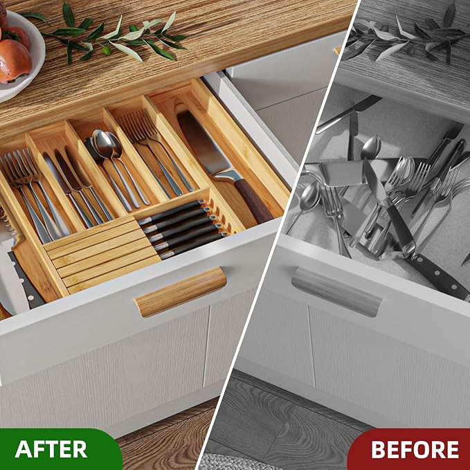 Silverware Organizer with Removable Knife Block - Bamboo Utensil Organizer for Kitchen Drawers Expandable Cutlery Organizer W12.8-20.2" x L16 x H2 (Yellow)