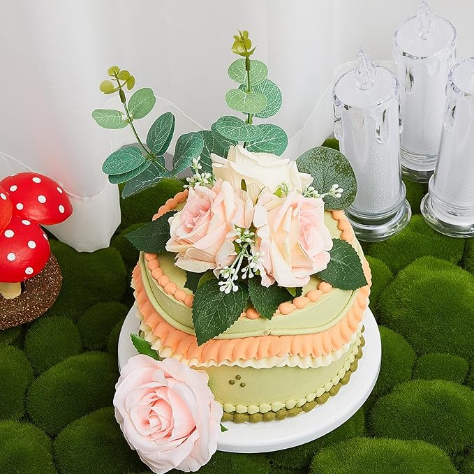 Taiyin 9 Pcs Flower Cake Topper Boho Cake Decorations Eucalyptus Flowers Floral Decorations for Women Wedding Birthday Party Anniversary(Light Pink)