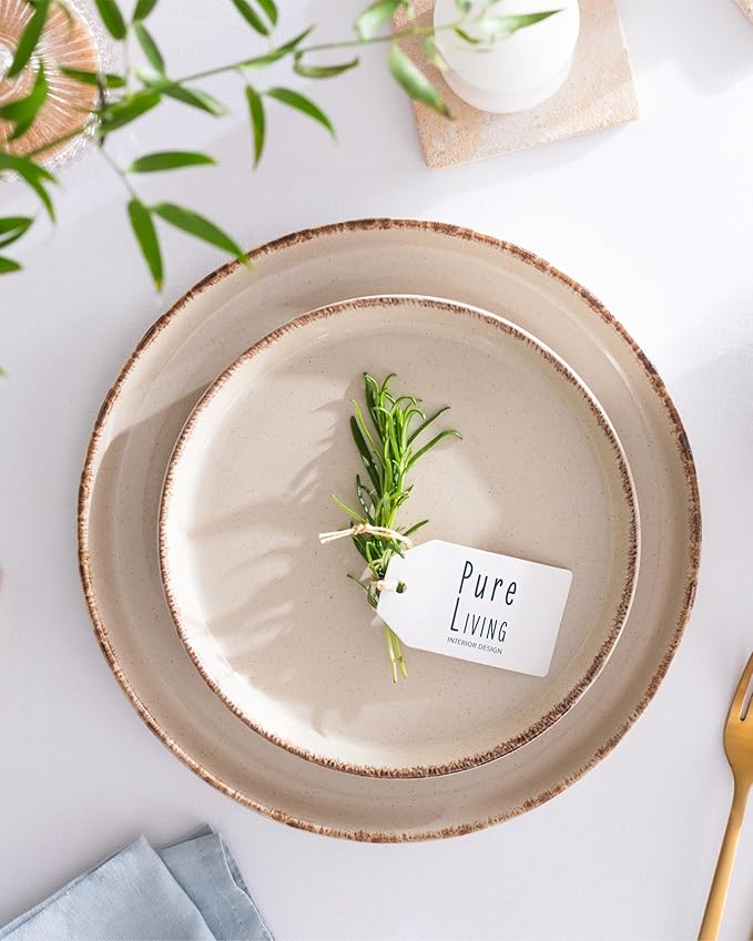 Stoneware dinnerware set 8 persons Rustic 24 pcs - Rustic design dinnerware set, dishwasher safe - Bowl and plate set - Pure Living dinnerware in beige…