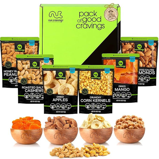 NUT CRAVINGS - Dried Fruit & Mixed Nuts Basket in Green Box (6 Assortments of 4 oz, 1.5 lb) Food Arrangement, Healthy Snack Care Package, Food Assortments