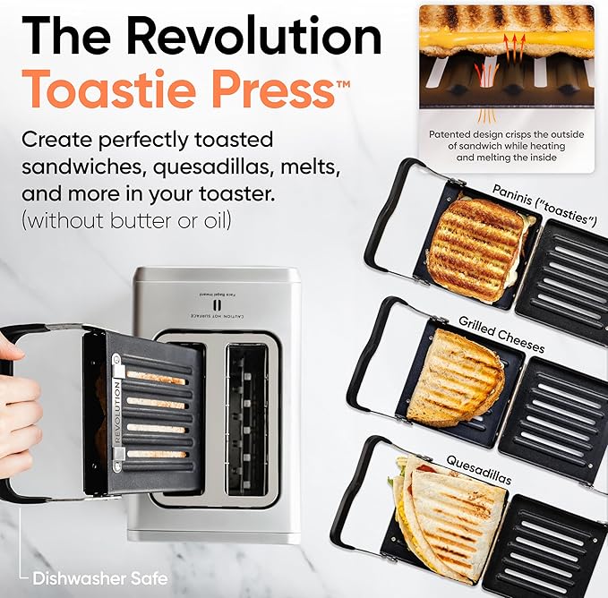 Revolution R180 Connect Plus Smart Toaster Bundle with Toastie Press & Warming Rack – Touchscreen, 2-Slice Wide Slot, InstaGLO 2.0 Tech, Digital Picture Frame– Toast Bread, Bagels, Waffles, Tortillas
