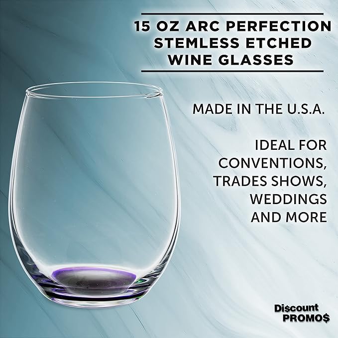 DISCOUNT PROMOS Stemless Wine Glasses in Bulk by ARC Perfection, 15 oz, 10 Pack, Purple or White Wine Glass Set, Purple