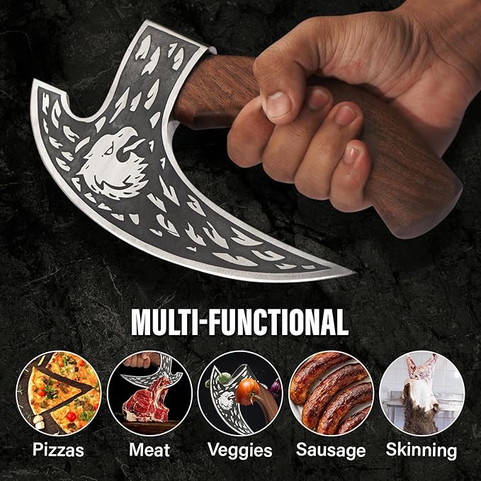 Edgelandknives® Multipurpose Viking Pizza Axe with Sheath, Viking Butcher Axe, Viking Pizza Cutter Axe - Rosewood Handle & Engraved Head - Perfect for Cutting Pizza, Meat, Vegetables