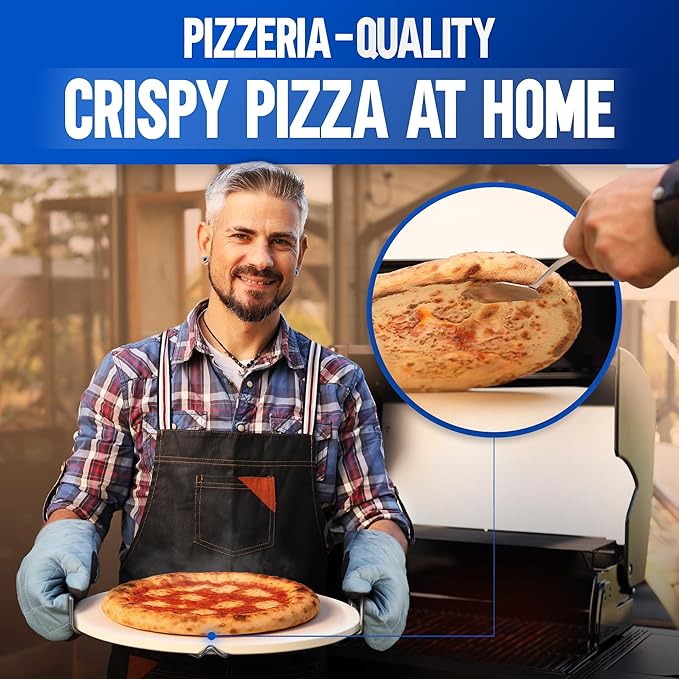 KitchenStar 16-inch Pizza Stone for Oven and BBQ Grill with Handles, Round, 5/8" Thick - Natural Cordierite, 1800 °F Resistant, Baking Stone Set with Stainless Steel Rack & Plastic Scraper Tool