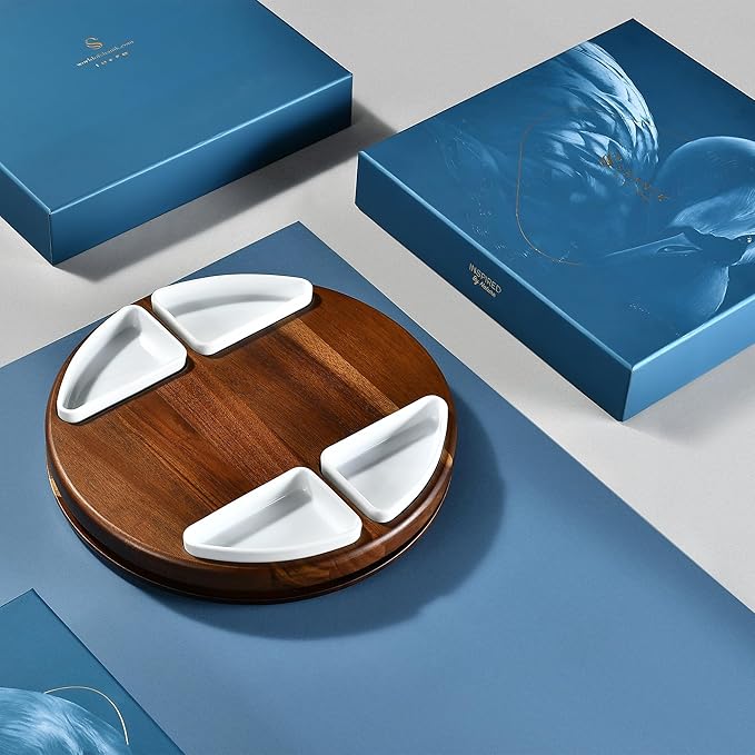 Shanik Upgraded Lazy Susan Cheese Cutting Board Set - Round Acacia Charcuterie Board With 4 Ceramic Bowls - Wedding Gifts - Cheese Serving Platter - Bridal Shower