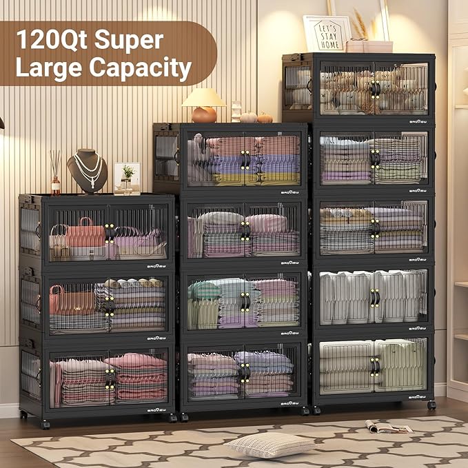 360QT Large Stackable Storage Bins with Lids, Plastic Closet Organizer and Storage Drawer, Collapsible Storage Box with Wheels, Folding Storage Cabinet with Doors for Home Kitchen, 3Pack Black
