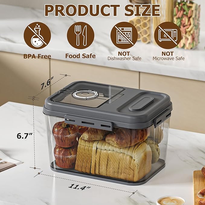 Bread Box, 10L Gray Airtight Braed Storage Container, Bread Box For Kitchen Countertop, Time Recording Bread Keeper with Lid, Flip-Top Bread Holder.