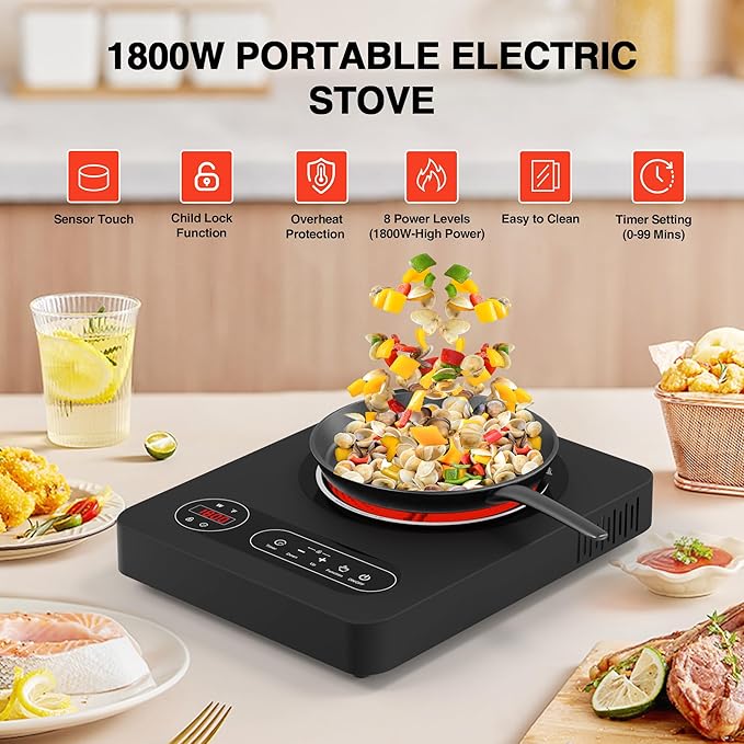 Single Burner Electric Cooktop 1800W - 110V Electric Stove Top Burner Portable Stove with LED Touch Control 10 Power Level, Hot Plate with Child Safety Lock, Timer and Overheat protection