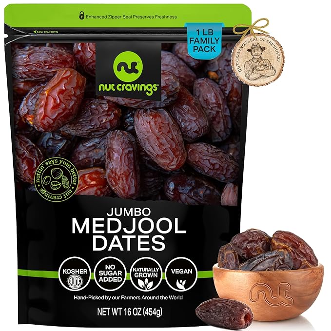 NUT CRAVINGS - Sun Dried Jumbo Medjool Dates, No Sugar Added (16oz, 1 LB) Bulk Dry Fruits Packed Fresh in Resealable Bag - Sweet Healthy Snack, Naturally Grown, Vegan, Kosher