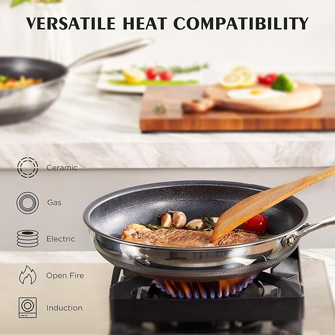 KITEXPERT Non Stick Frying Pans with Lid, 12" Titanium Ceramic Pan Nonstick Stainless Steel Skillet, PFAS PFOA & PTFE Free, Quick-Cool Handle, Dishwasher & Oven Safe, Compatible with All Cooktops