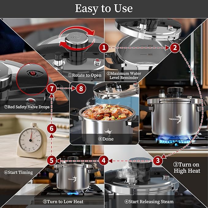 TIBORANG 6.3 QT Stainless Steel Pressure Cooker, [Multi-Cooker for Gas & Induction Stove] [Saves 70% Cooking Time] [One-Hand Operation], Family Size for 2-3 People, Olla de Presion