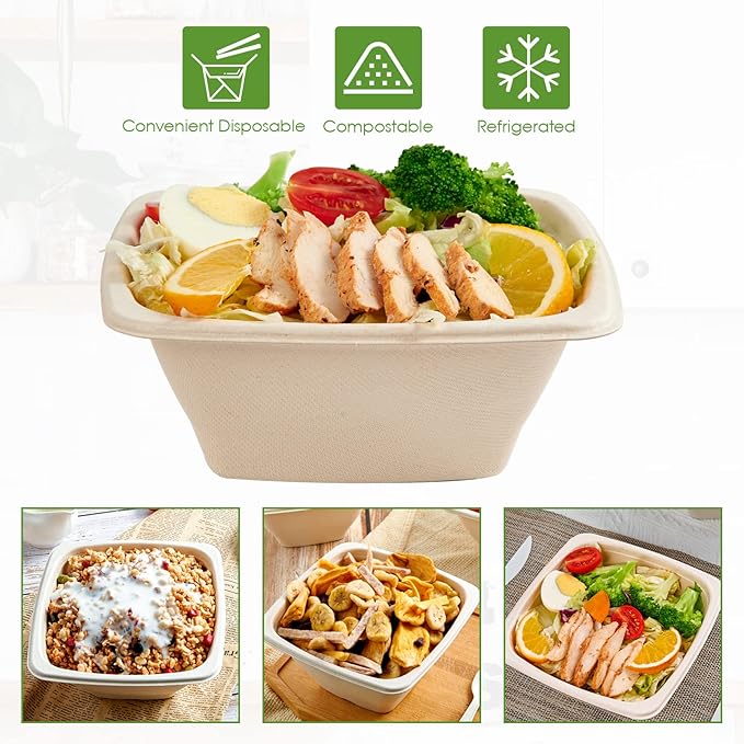Vplus 150 Pack 32 OZ Paper Bowls Bulk, Square Disposable and Compostable, Eco-friendly Bagasse, Heavy-duty Bowls Perfect for Milk Cereals, Snacks, Salads