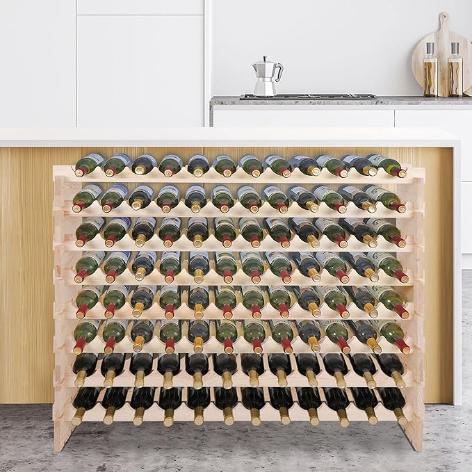 Smartxchoices 96 Bottles Stackable Modular Wine Rack, 8-Tier Wooden Wine Storage Rack Freestanding Wine Holder Display Shelves, Wobble-Free Shelves, Solid Wood