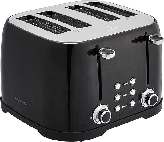 Amazon Basics 4 Slice Toaster, 6 Browning Settings, Removable Crumb Tray, Bagel and Defrost Function, Cancel Button, 1600W, Black