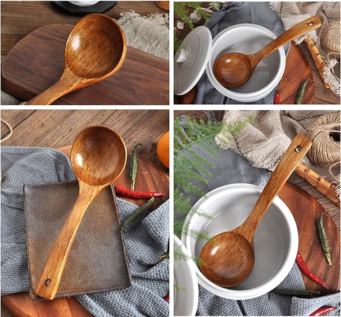 FJNATINH Wooden Ladle with Long Handle, Handmade Soup Ladle for Cooking Kitchen Cookware
