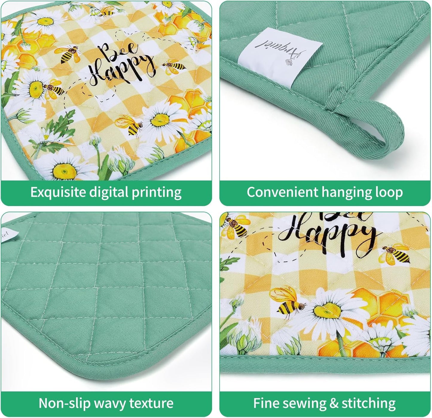 Bee Daisy Oven Mitts and Pot Holders Sets 4Pcs, 100% Cotton Heat Resistant, Extra Long Oven Gloves Potholder for Kitchen Cooking Baking Housewarming