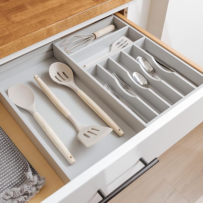 Premium Silverware, Flatware and Utensil Organizer for Kitchen Drawers, Food-Safe Contract Grade, Expandable from 10.5 to 19 In, Gray Bamboo
