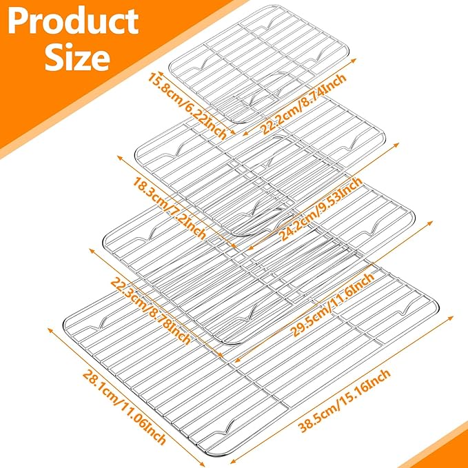 Baking Cooling Rack Set Stainless Steel Baking Racks, Roasting Rack for Roasting Grilling Cooking and Baking, Heavy Duty Wire Racks, Oven & Dishwasher Safe, 4 Various Sizes
