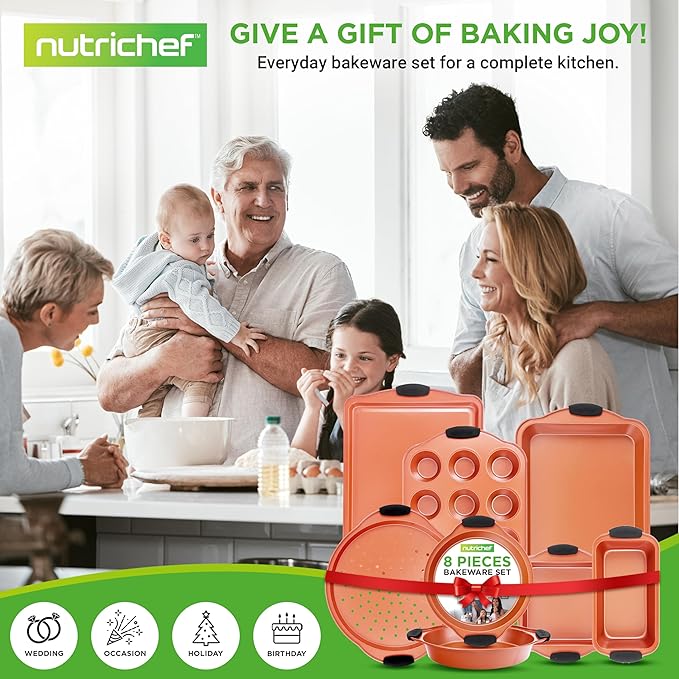 NutriChef 8-Piece Baking Pans Set - Nonstick Bakeware Set w/Silicone Handles, Includes 12 Cup Muffin, Round Cake, Pizza, Loaf & Square Pan, & Cookie Sheet - Dishwasher Safe & Easy Cleanup - Copper