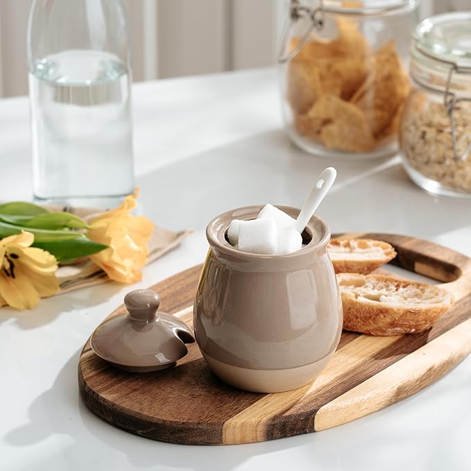 famiware Milkyway Sugar Bowl with Lid and Spoon, 10oz Ceramic Sugar Jar/Pot/Dispenser for Salt, Condiments, Spice, Seasonings, Sugar Container for Coffee Bar, Kitchen, and Countertop, Cinnamon Brown