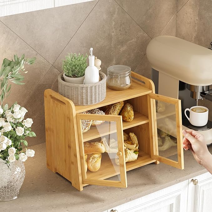 AMBIRD Bamboo Bread Box 20L Large Capacity with Clear Acrylic Doors - Double Layer Food-Safe Bread Storage with Air Vents and Side Handles - Keep Bread Fresh and Counter Clutter-Free