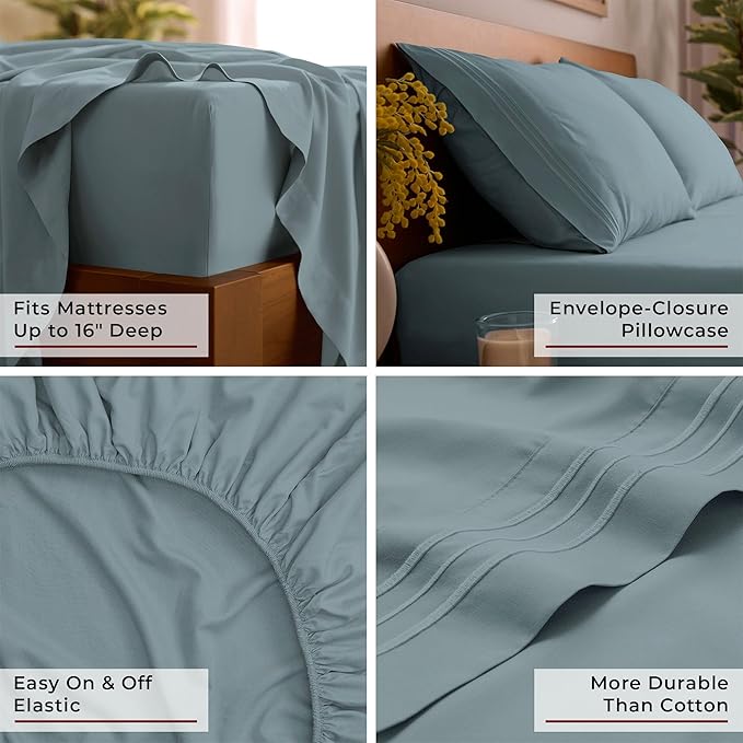 Mellanni Queen Sheets Set - 4 PC Iconic Collection Bedding - Hotel Luxury, Extra Soft, Cooling Bed Sheets - Wrinkle, Fade, Stain Resistant (Queen, Spa Blue)