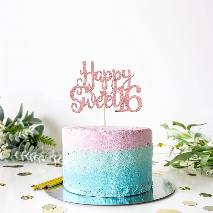 Gyufise 1Pc Happy Sweet 16 Cake Topper Rose Gold Glitter Sweet 16 Birthday Decorations Happy 16th Birthday Decorations for Girls Boys