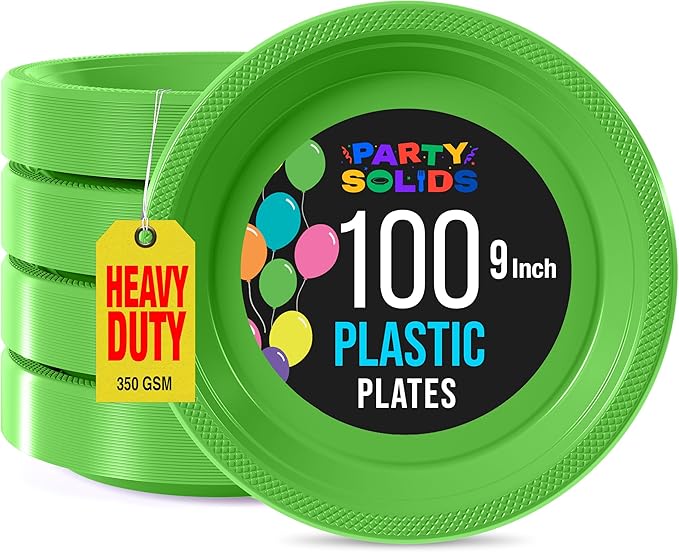 Exquisite Party Solids Lime Green Plastic Plates - 9 Inch, 100 Pack, 350 GSM