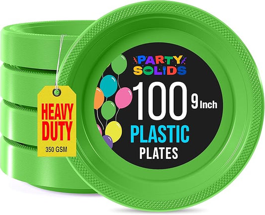 Exquisite Party Solids Lime Green Plastic Plates - 9 Inch, 100 Pack, 350 GSM