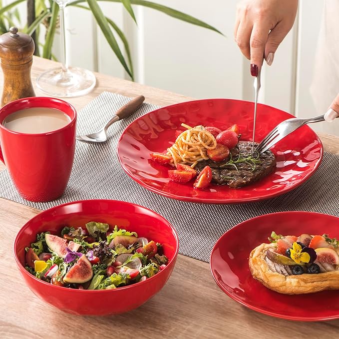 Vicrays Ceramic Pasta & Soup Bowls, Large Salad Bowls - Set of 6 Red, Fluted Stoneware, Dishwasher & Microwave Safe