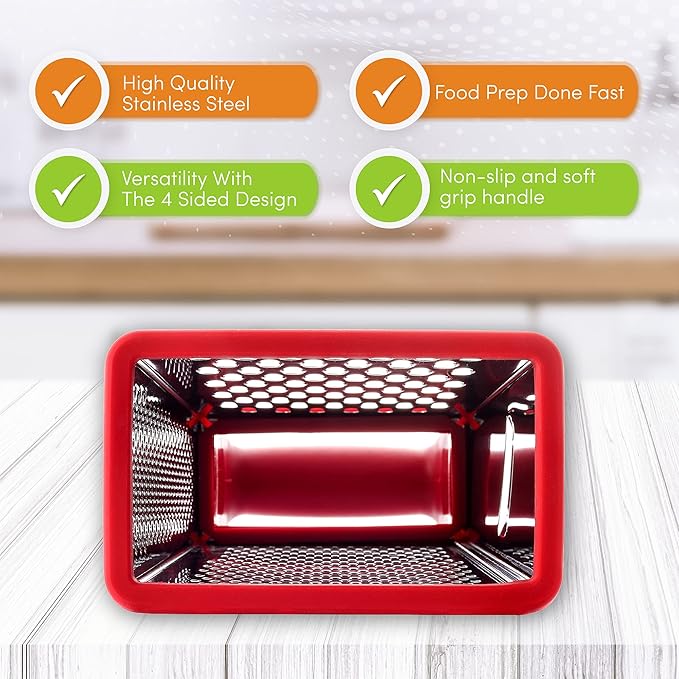 Spring Chef Professional Red 10" Parmesan Cheese Grater With Container, Stainless Steel & Soft Grip Handle, 4 Sided Kitchen Carrot Shredder, Handheld Box Grater for Potato, Veggie, Ginger, Hashbrown