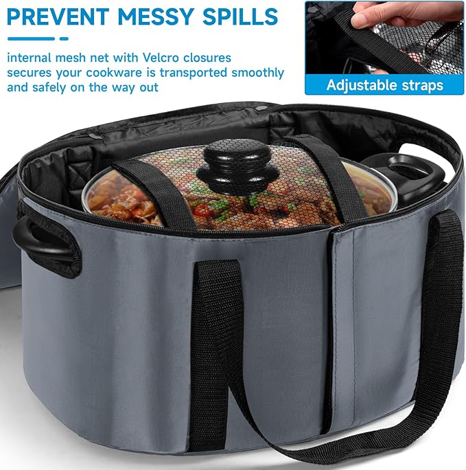 Portable Slow Cooker Travel Bag, Isulated Carrier Case Tote for 4-8 Quart Crock Carrier Compatible with Else Brands, Internal Mesh Net Holds Pot in Place, For Travel, Outdoor, Picnic, Grey