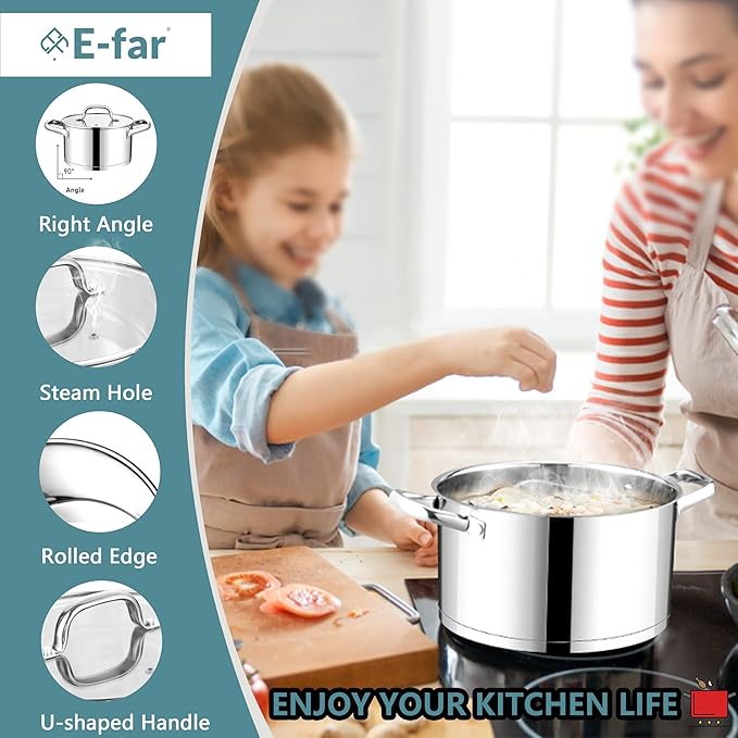 E-far 4 Quart Stock Pot with Lid, Stainless Steel Stockpot for Cooking Simmering Soup Pasta Sauce, with Tri-Ply Bottom & Visible Cover, Induction/Gas/Dishwasher Safe, Heavy Duty & Non Toxic