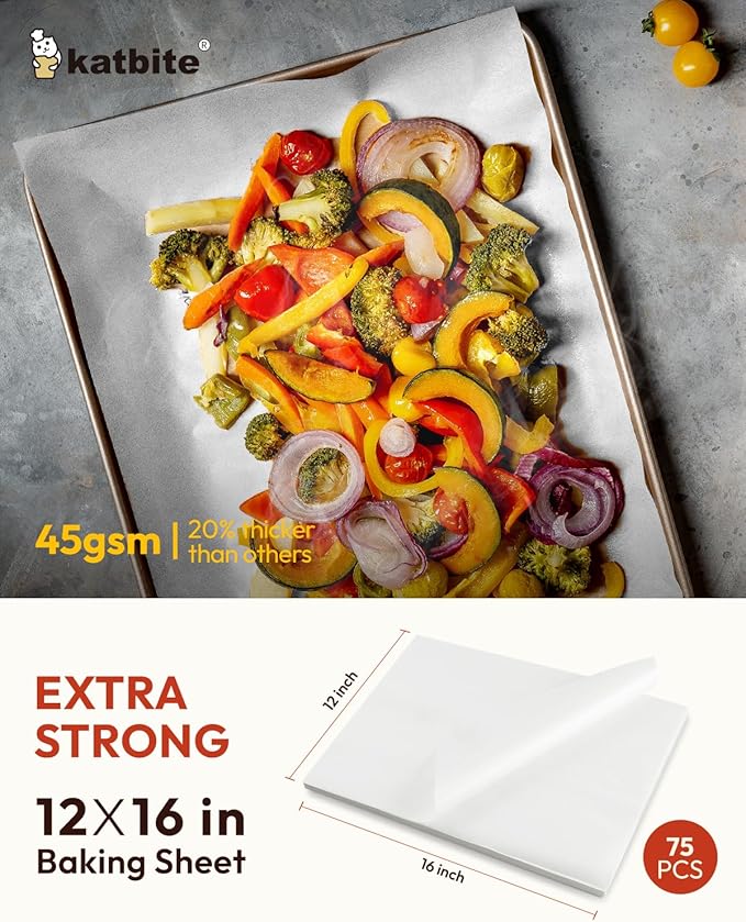 Katbite 75Pcs White Parchment Paper Sheets 12x16IN, Pre-Cut Heavy Duty Parchment Baking Paper, Non-Stick Half Sheet White Baking Parchment Paper for Air Fryer, Baking Cookie Pans[Advanced Series]