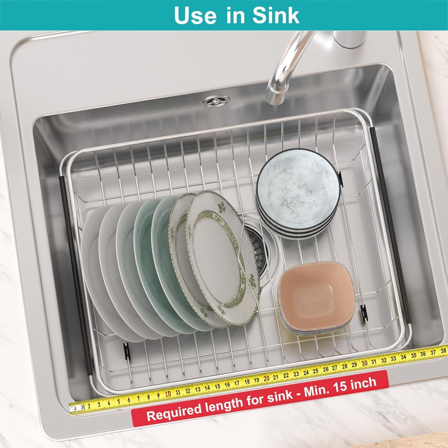 iPEGTOP Expandable Dish Drying Rack Organizer and Utensil Cutlery Holder, 304 Stainless Steel Over Sink Dish Rack, Dish Drainer in Sink or On Counter, Rustproof