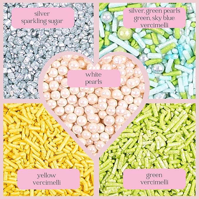 Confect Edible Sprinkles for Cakes & Cupcakes Decoration Assorted pack of 5 Summer Fun Sprinkles Mix White Dragees Green Yellow Blue Jimmies Silver Sparkling Sugar | Vegan, Gluten-Free, Nut-Free, Soy-Free, Dairy-Free, Palm Oil-Free - 5 Oz