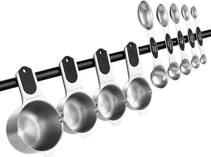 Spring Chef Magnetic Measuring Cups & Spoons Set (Patent Pending), Strong N45 Magnets, Heavy Duty Stainless Steel Fits in Spice Jars for Baking & Cooking, BPA Free, Round Set of 9, Black