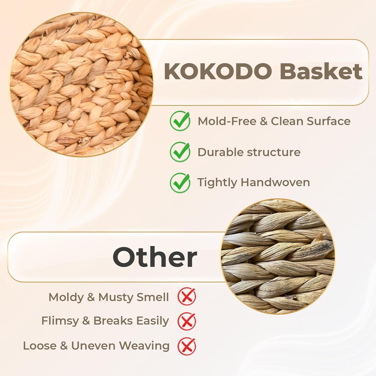 KOKODO Pack of 2 Medium Rectangular Water Hyacinth Wicker Storage Baskets with Handles and Metal Frame, Stylish and Durable Handwoven Bin for Space-saving Room Organizing or Decorative Wicker Basket